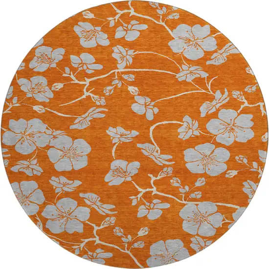 8' Orange Gray And Ivory Floral Washable Round Rug With UV Protection Photo 1