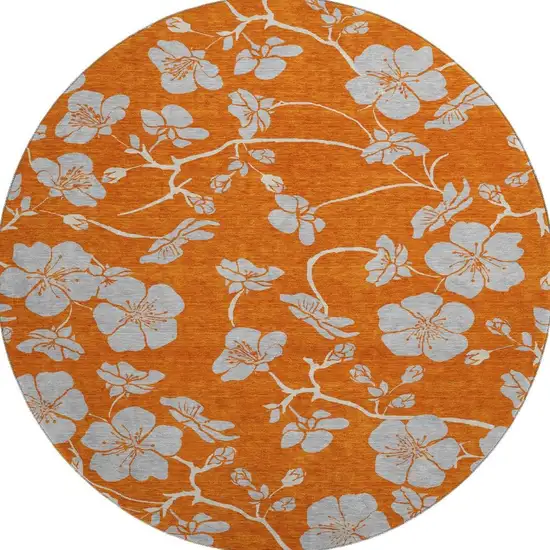 8' Orange Gray And Ivory Floral Washable Round Rug With UV Protection Photo 3