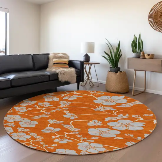 8' Orange Gray And Ivory Floral Washable Round Rug With UV Protection Photo 4