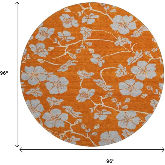 8' Orange Gray And Ivory Floral Washable Round Rug With UV Protection Photo 9