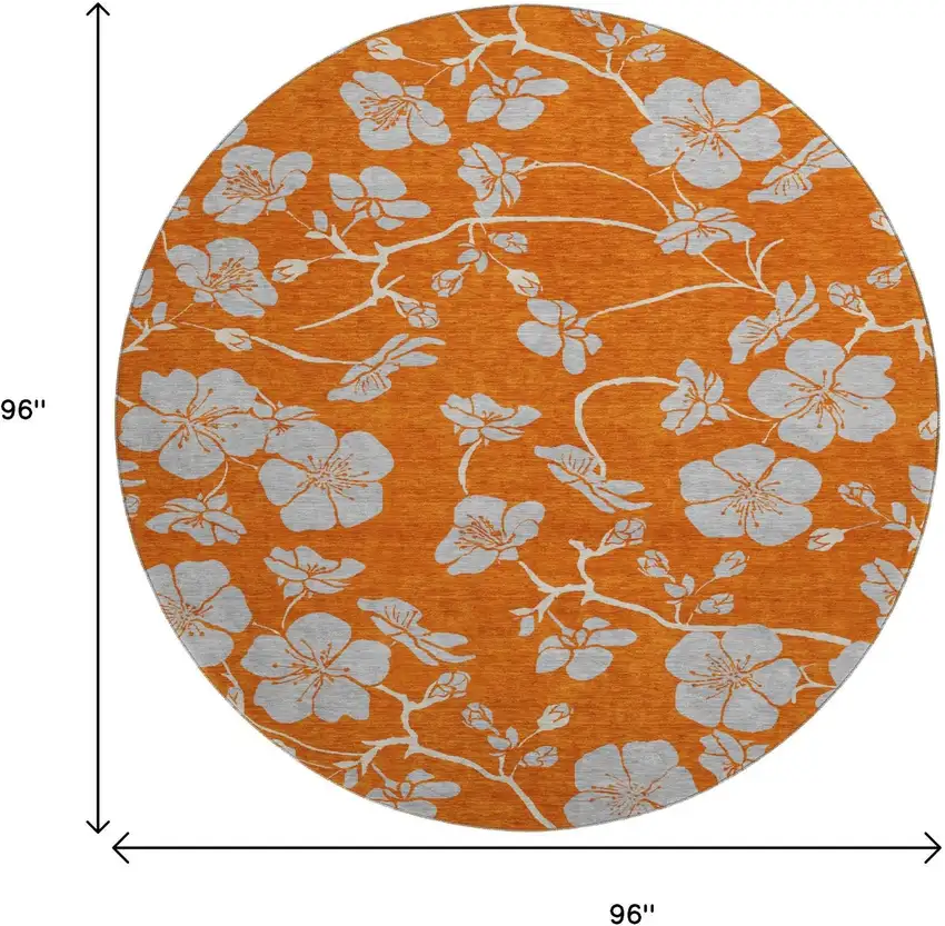 8' Orange Gray And Ivory Floral Washable Round Rug With UV Protection Photo 9