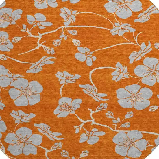8' Orange Gray And Ivory Floral Washable Round Rug With UV Protection Photo 2