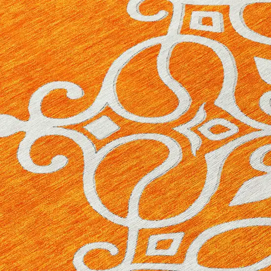8' Orange Gray And Ivory Round Floral Medallion Washable Indoor Outdoor Area Rug Photo 8