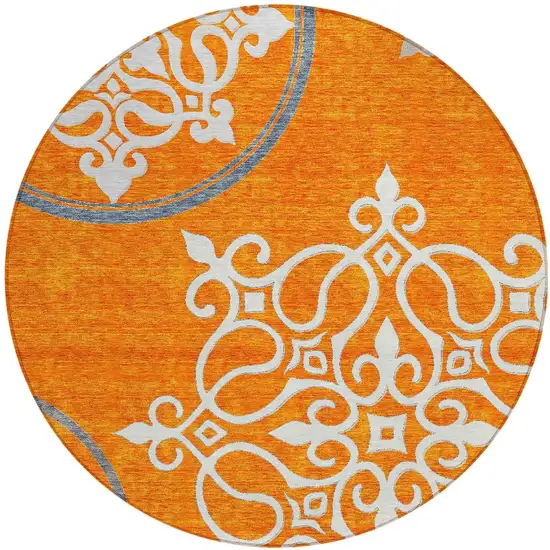 8' Orange Gray And Ivory Round Floral Medallion Washable Indoor Outdoor Area Rug Photo 5