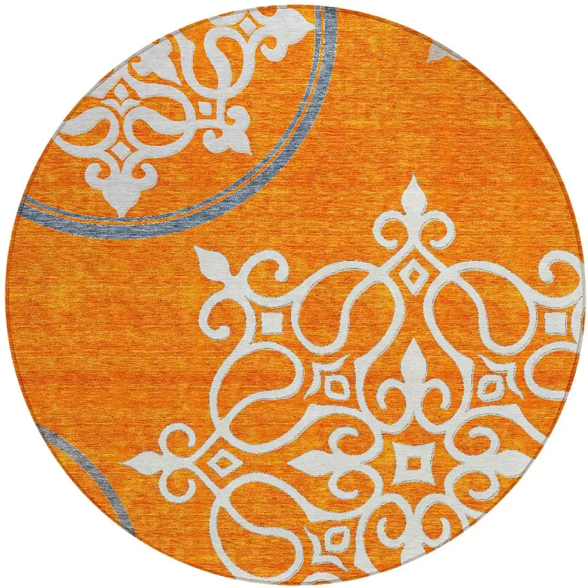 8' Orange Gray And Ivory Round Floral Medallion Washable Indoor Outdoor Area Rug Photo 5