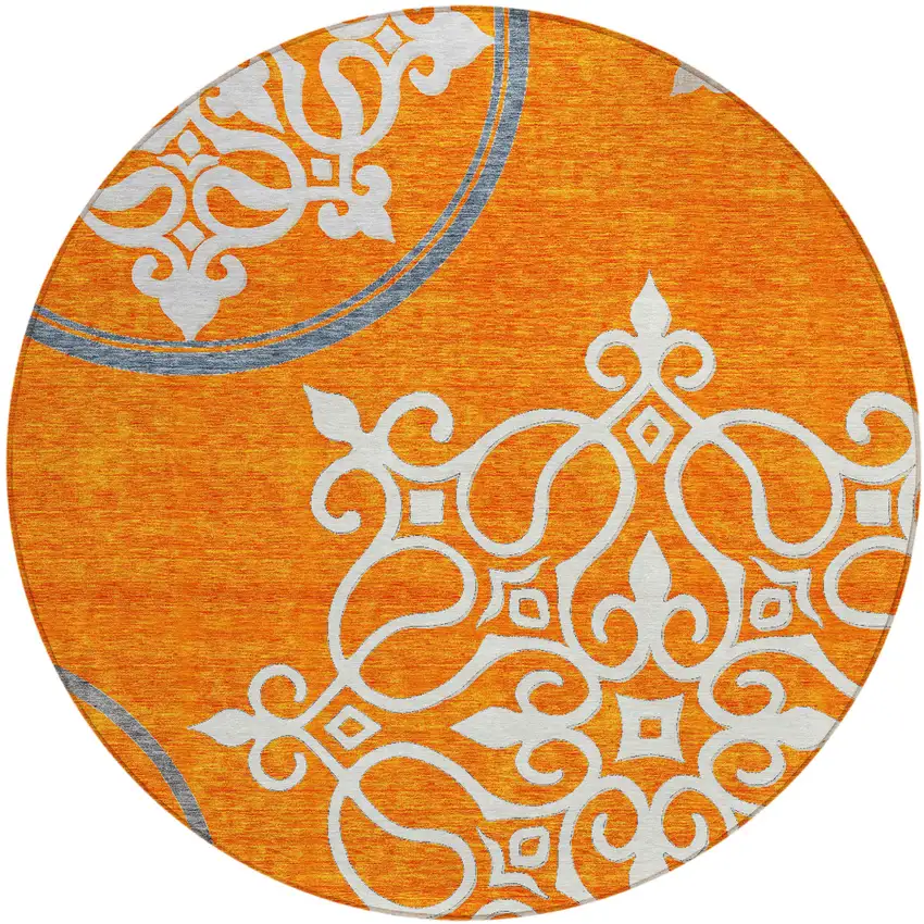 8' Orange Gray And Ivory Round Floral Medallion Washable Indoor Outdoor Area Rug Photo 2