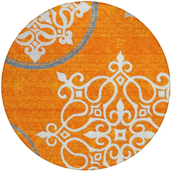 8' Orange Gray And Ivory Round Floral Medallion Washable Indoor Outdoor Area Rug Photo 2