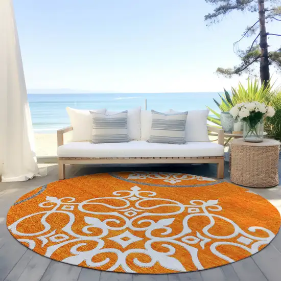 8' Orange Gray And Ivory Round Floral Medallion Washable Indoor Outdoor Area Rug Photo 6