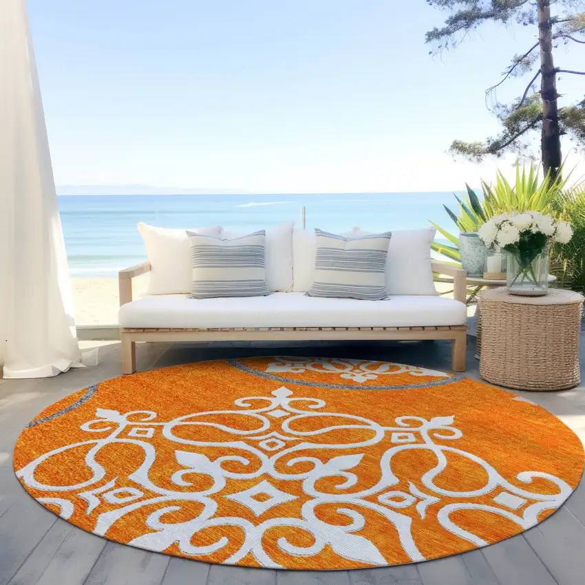 8' Orange Gray And Ivory Round Floral Medallion Washable Indoor Outdoor Area Rug Photo 6