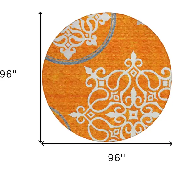 8' Orange Gray And Ivory Round Floral Medallion Washable Indoor Outdoor Area Rug Photo 3