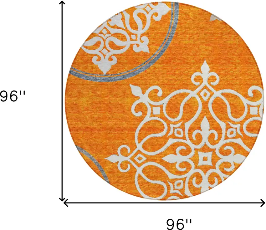 8' Orange Gray And Ivory Round Floral Medallion Washable Indoor Outdoor Area Rug Photo 3