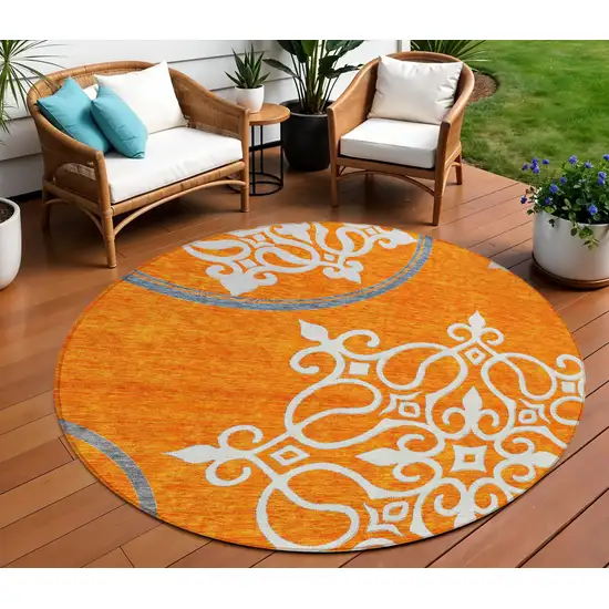 8' Orange Gray And Ivory Round Floral Medallion Washable Indoor Outdoor Area Rug Photo 1