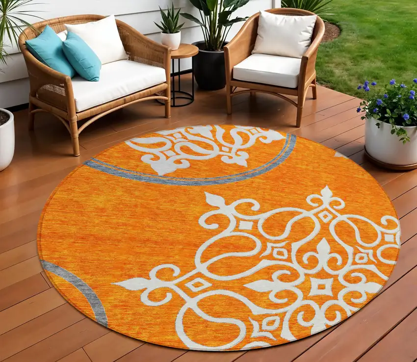 8' Orange Gray And Ivory Round Floral Medallion Washable Indoor Outdoor Area Rug Photo 1