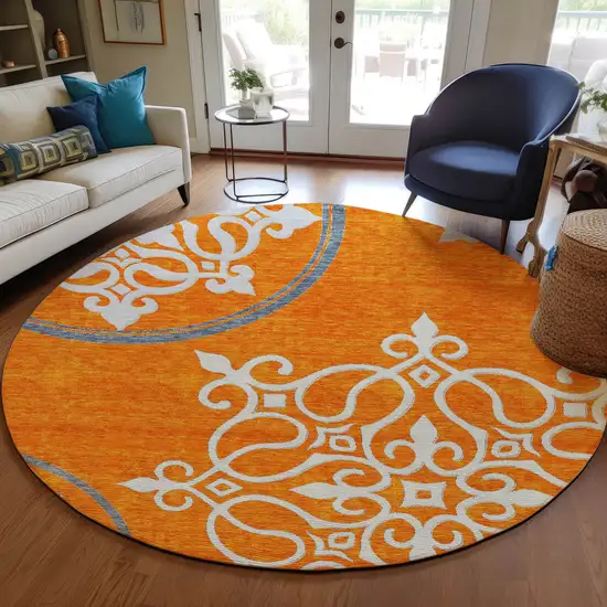 8' Orange Gray And Ivory Round Floral Medallion Washable Indoor Outdoor Area Rug Photo 7