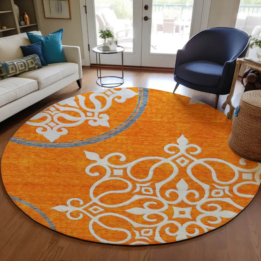 8' Orange Gray And Ivory Round Floral Medallion Washable Indoor Outdoor Area Rug Photo 7