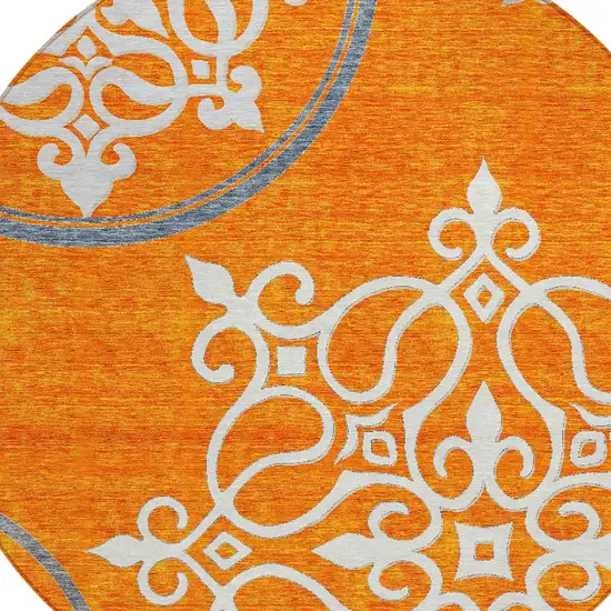 8' Orange Gray And Ivory Round Floral Medallion Washable Indoor Outdoor Area Rug Photo 4