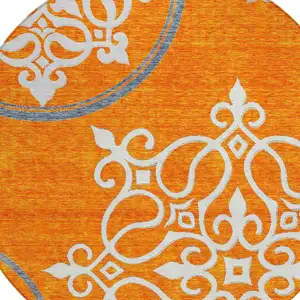 Photo of 8' Orange Gray And Ivory Round Floral Medallion Washable Indoor Outdoor Area Rug