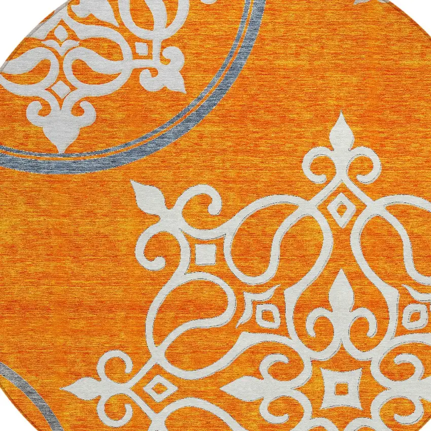 8' Orange Gray And Ivory Round Floral Medallion Washable Indoor Outdoor Area Rug Photo 4