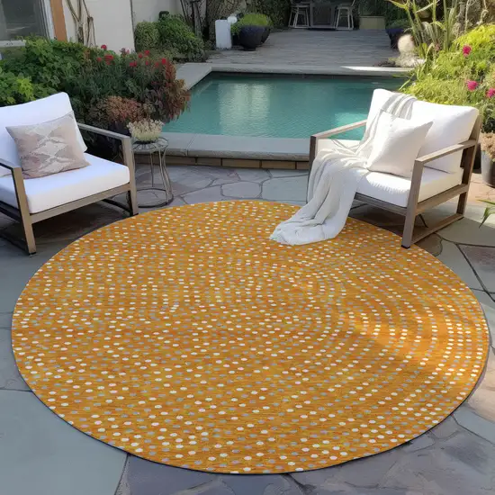 8' Orange Gray And Ivory Round Polka Dot Washable Indoor Outdoor Area Rug Photo 7