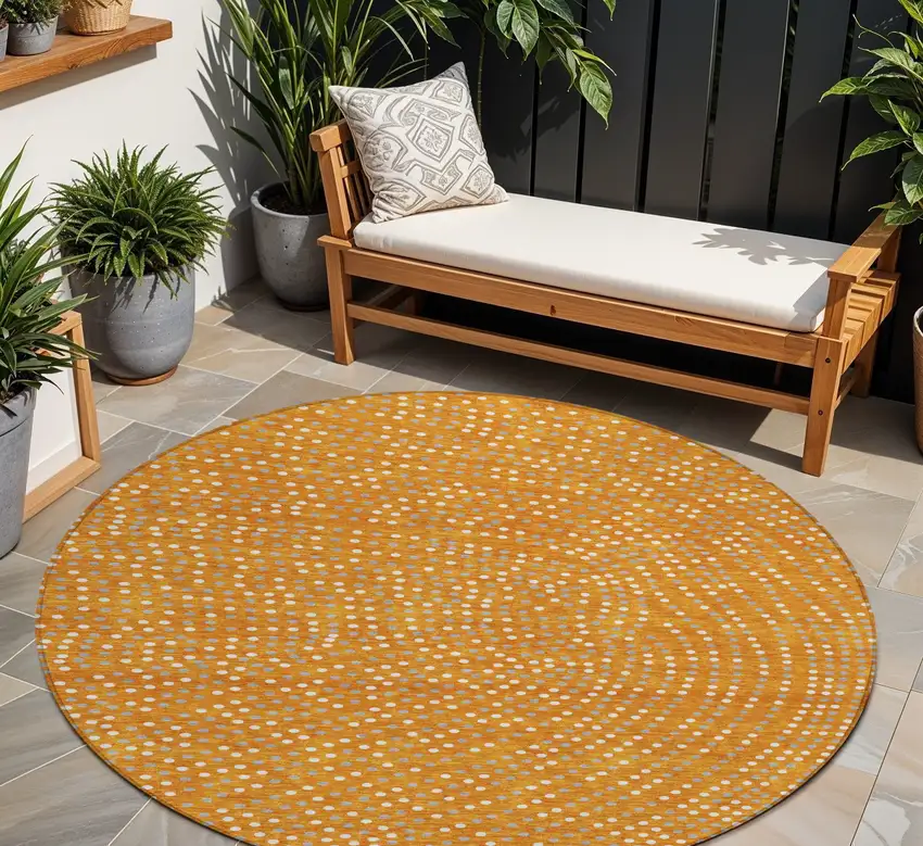 8' Orange Gray And Ivory Round Polka Dot Washable Indoor Outdoor Area Rug Photo 1
