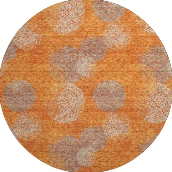 8' Orange Gray And Silver Abstract Washable Round Rug With UV Protection Photo 2