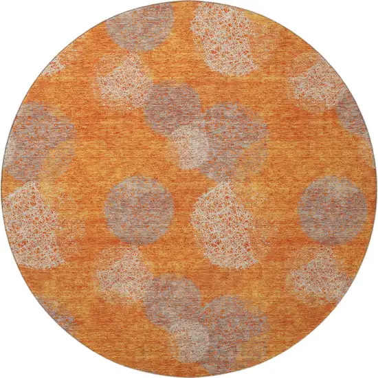 8' Orange Gray And Silver Abstract Washable Round Rug With UV Protection Photo 3
