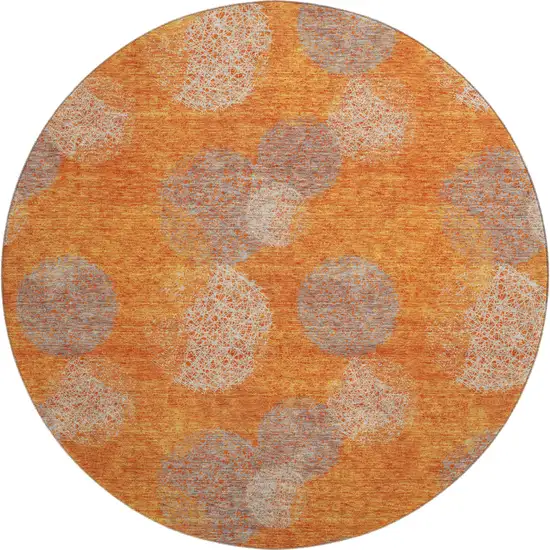 8' Orange Gray And Silver Abstract Washable Round Rug With UV Protection Photo 1