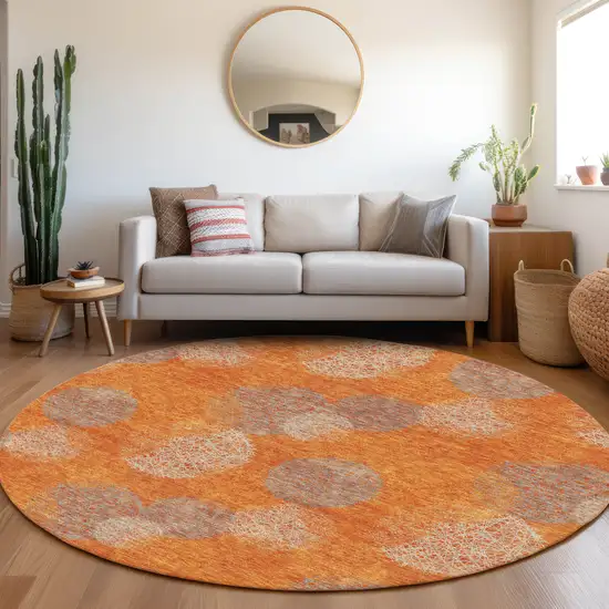 8' Orange Gray And Silver Abstract Washable Round Rug With UV Protection Photo 4
