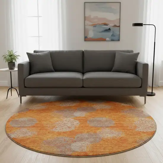 8' Orange Gray And Silver Abstract Washable Round Rug With UV Protection Photo 2