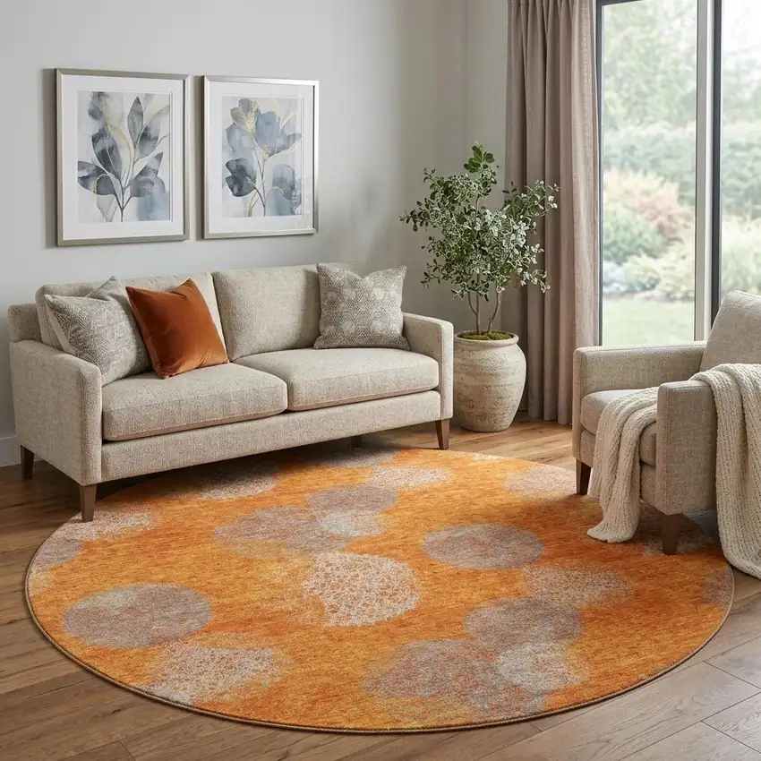 8' Orange Gray And Silver Abstract Washable Round Rug With UV Protection Photo 1