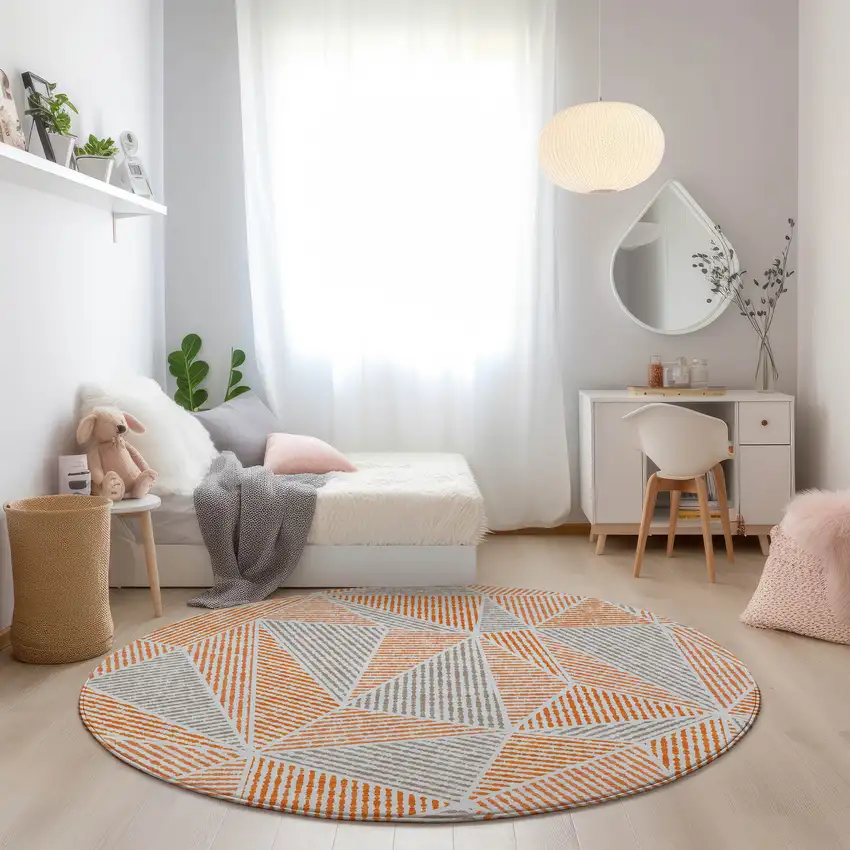 8' Orange Gray And Silver Round Geometric Washable Indoor Outdoor Area Rug Photo 7