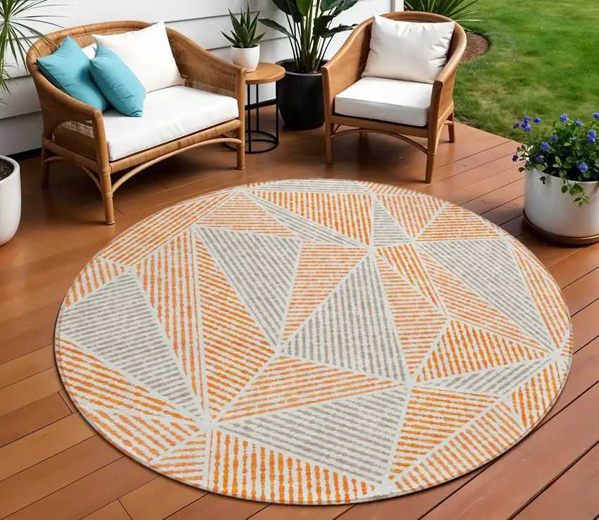 8' Orange Gray And Silver Round Geometric Washable Indoor Outdoor Area Rug Photo 1