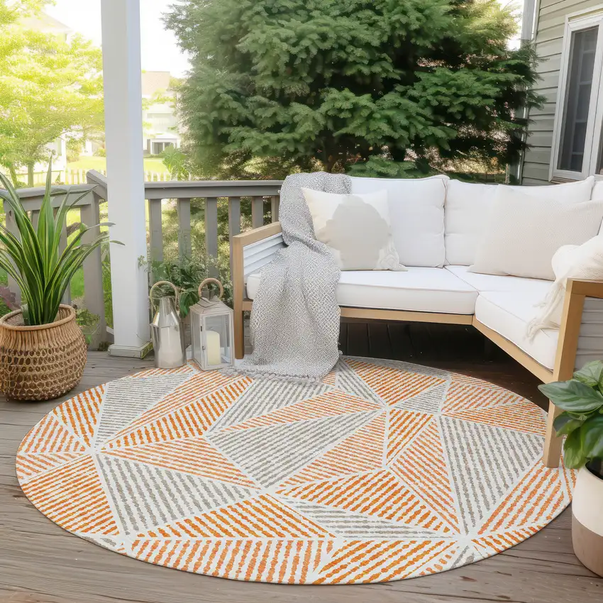 8' Orange Gray And Silver Round Geometric Washable Indoor Outdoor Area Rug Photo 6
