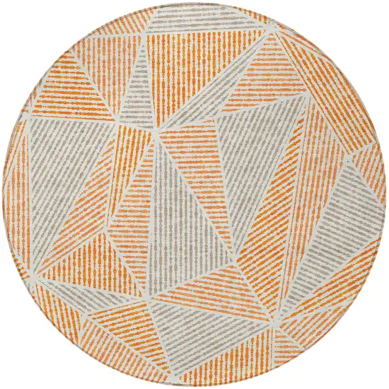 8' Orange Gray And Silver Round Geometric Washable Indoor Outdoor Area Rug Photo 5