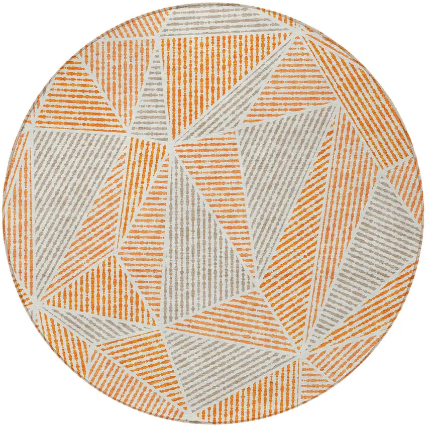 8' Orange Gray And Silver Round Geometric Washable Indoor Outdoor Area Rug Photo 5