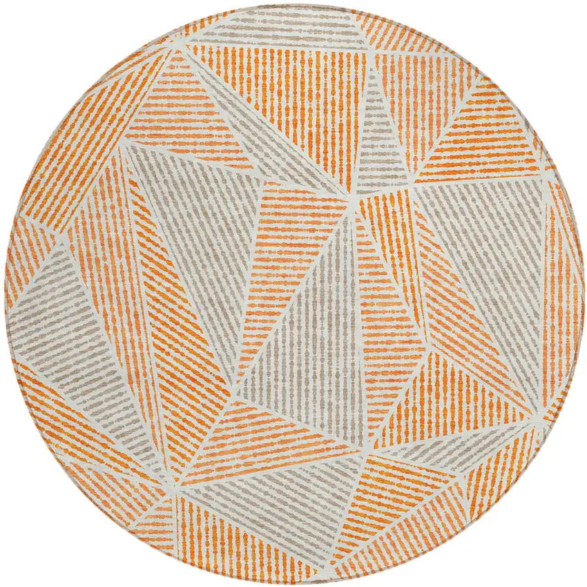 8' Orange Gray And Silver Round Geometric Washable Indoor Outdoor Area Rug Photo 2