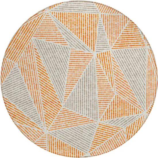 8' Orange Gray And Silver Round Geometric Washable Indoor Outdoor Area Rug Photo 2