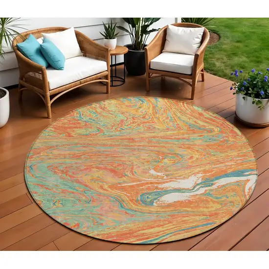 8' Orange Green And Beige Round Abstract Washable Indoor Outdoor Area Rug Photo 1