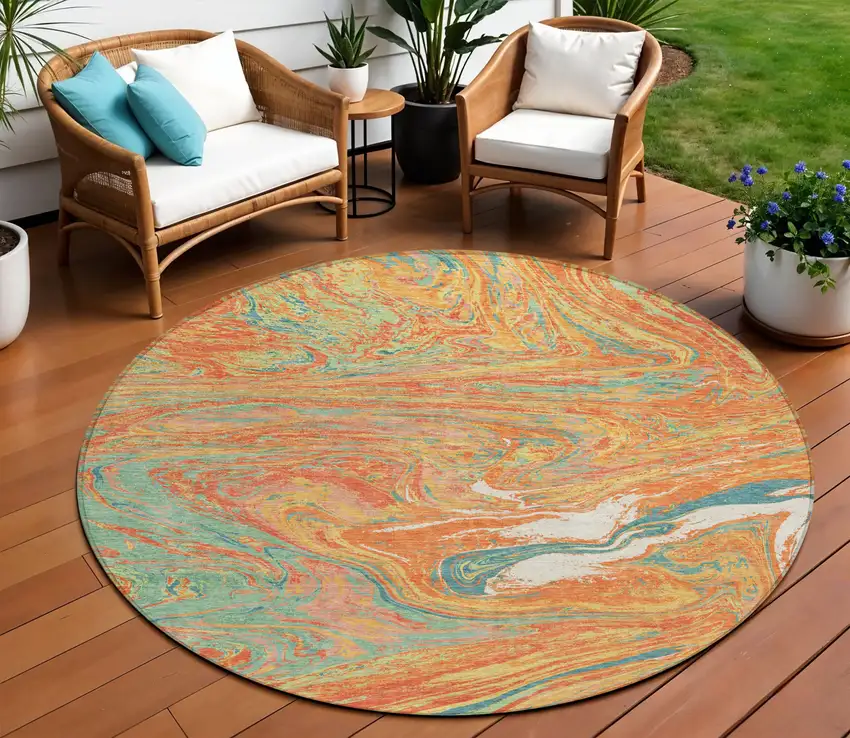 8' Orange Green And Beige Round Abstract Washable Indoor Outdoor Area Rug Photo 1