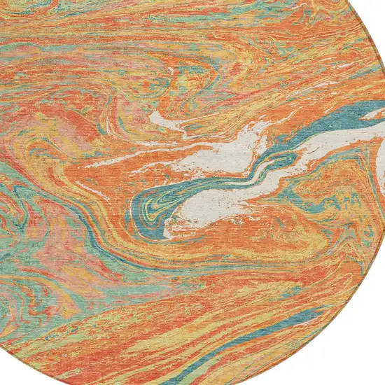 8' Orange Green And Beige Round Abstract Washable Indoor Outdoor Area Rug Photo 6