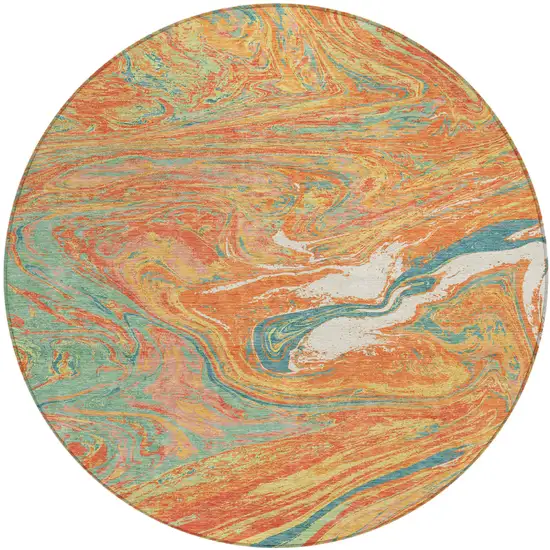 8' Orange Green And Beige Round Abstract Washable Indoor Outdoor Area Rug Photo 2