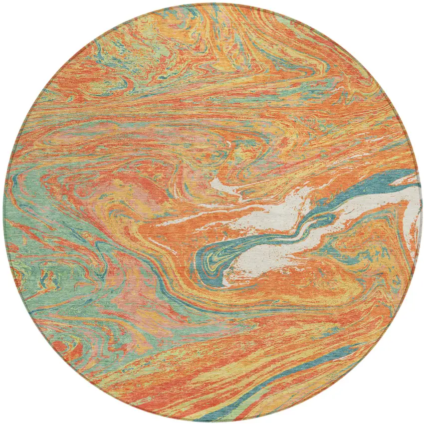 8' Orange Green And Beige Round Abstract Washable Indoor Outdoor Area Rug Photo 2