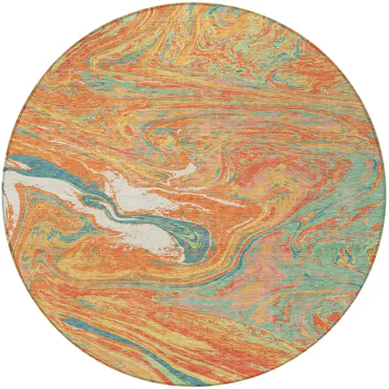8' Orange Green And Beige Round Abstract Washable Indoor Outdoor Area Rug Photo 7