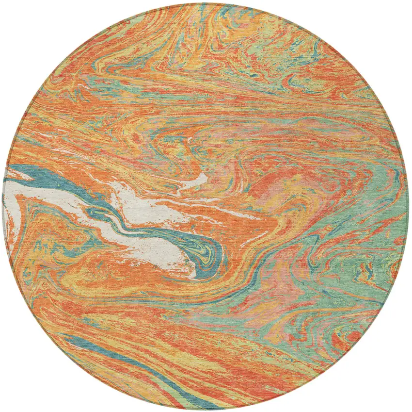 8' Orange Green And Beige Round Abstract Washable Indoor Outdoor Area Rug Photo 7