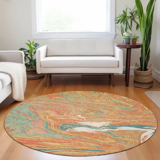 8' Orange Green And Beige Round Abstract Washable Indoor Outdoor Area Rug Photo 9