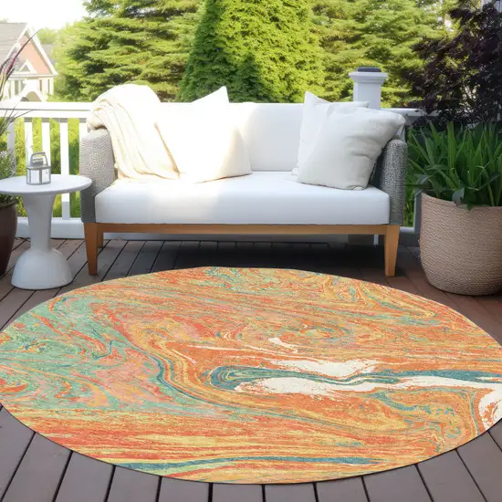 8' Orange Green And Beige Round Abstract Washable Indoor Outdoor Area Rug Photo 8