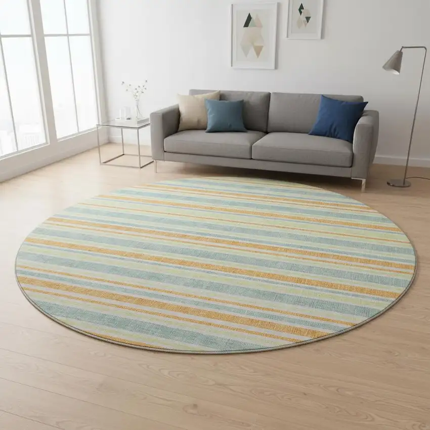 8' Orange Green And Blue Striped Washable Round Rug With UV Protection Photo 2