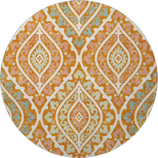 8' Orange Green And Ivory Diamond Washable Round Rug With UV Protection Photo 4