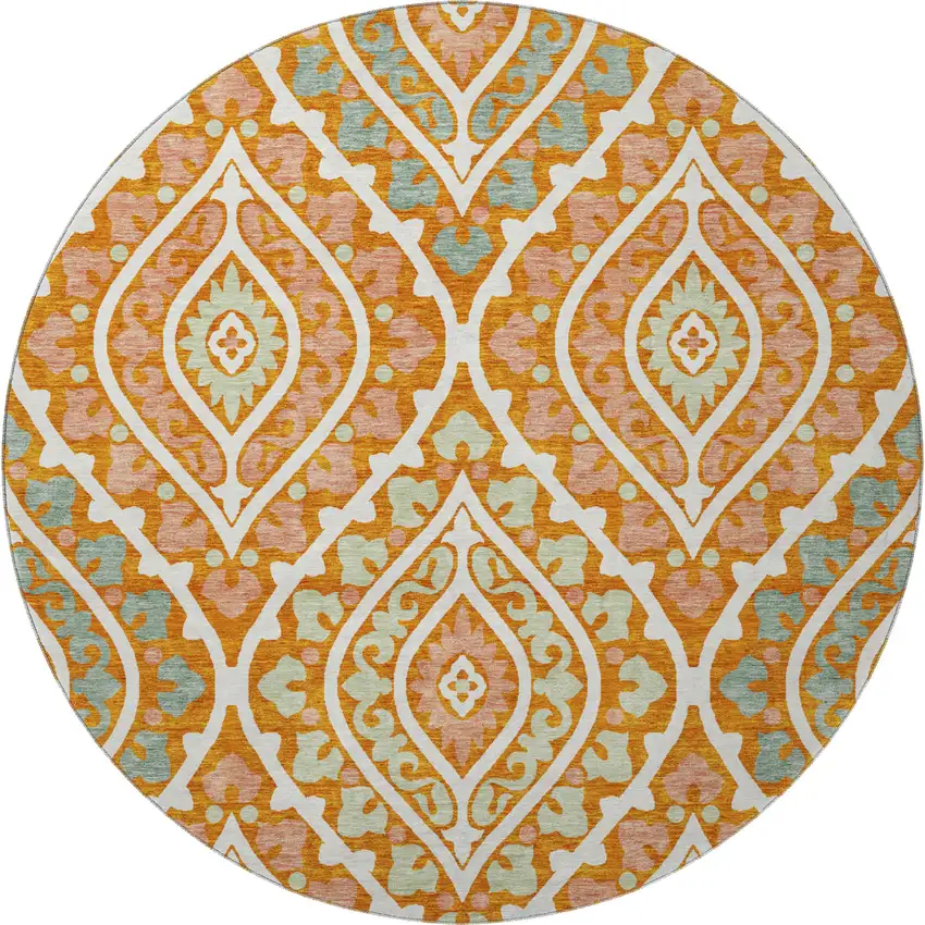 8' Orange Green And Ivory Diamond Washable Round Rug With UV Protection Photo 4