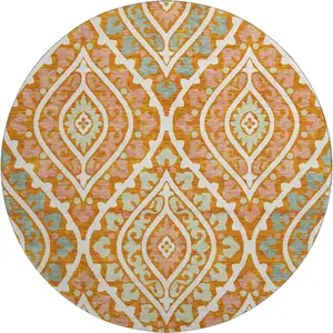 Photo of 8' Orange Green And Ivory Diamond Washable Round Rug With UV Protection